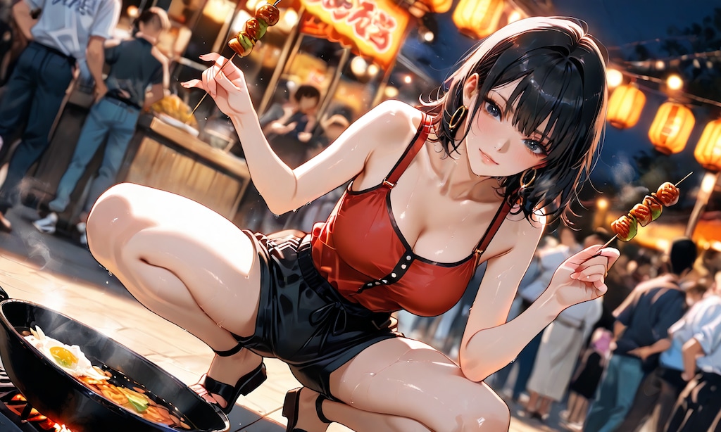 チャオ・リン、夜市の屋台で焼きたてを差し出す姉御肌