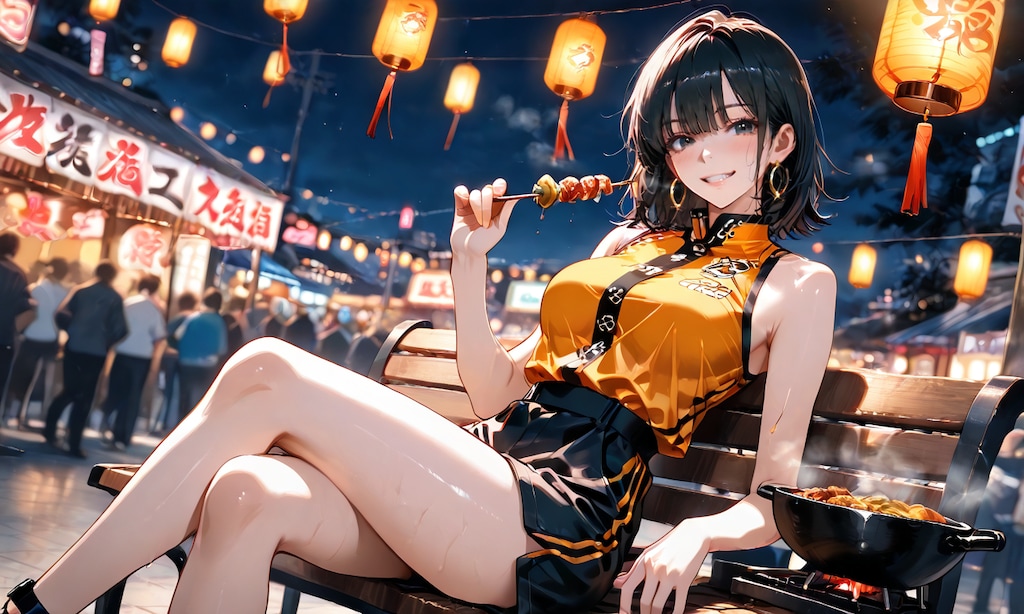 チャオ・リン、夜市の屋台で焼きたてを差し出す姉御肌
