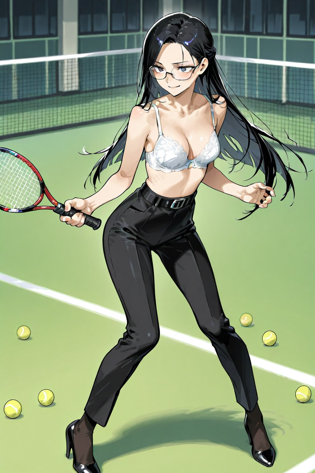 ブラ姿の美女の純白レースブラジャーテニス