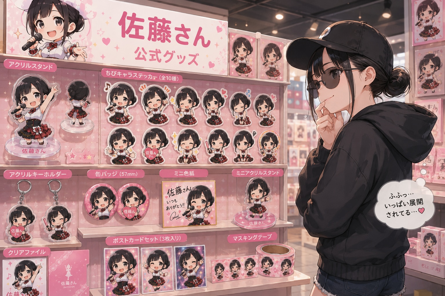 遂に自分のグッズが展開されるようになりほくそ笑む佐藤さん