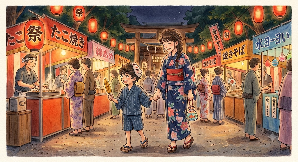 お祭りの屋台巡りをしている少年と優しい従姉妹のお姉さん
