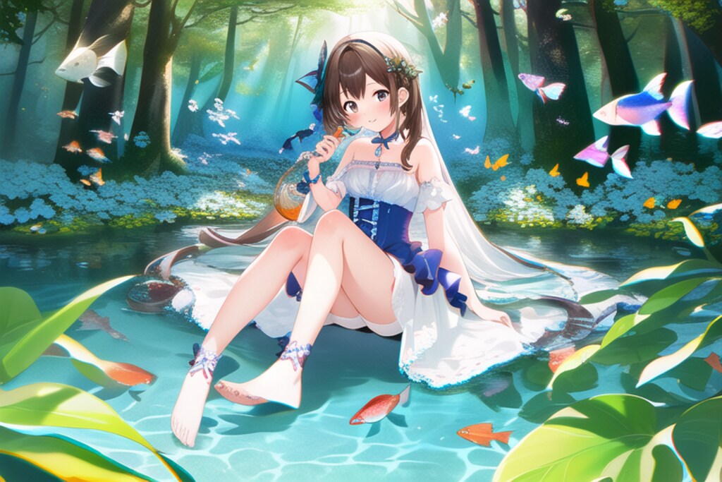 森の中、空を泳ぐ魚と女の子