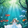 森の中、空を泳ぐ魚と女の子 3枚目