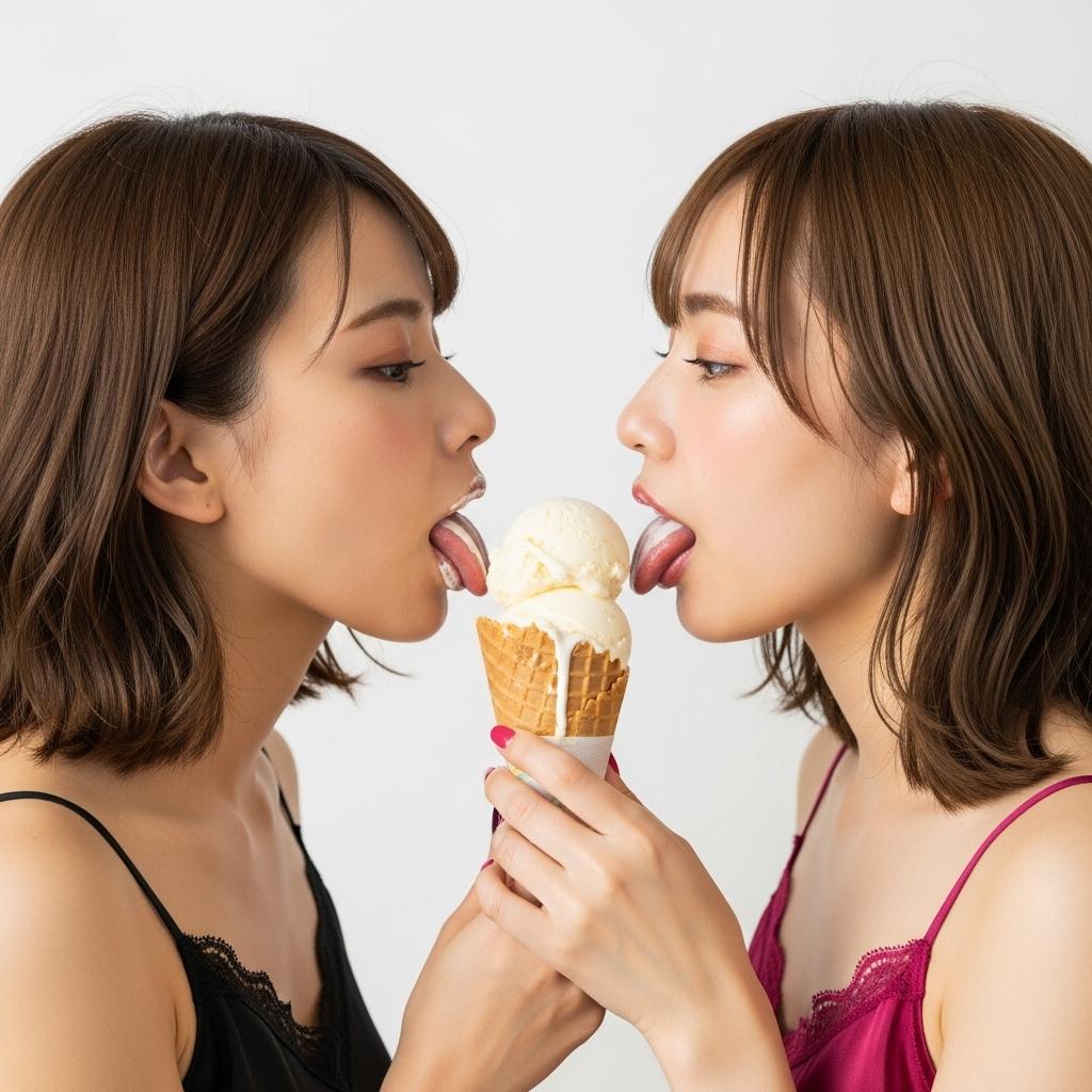舐める　二人で取り合い、垂れて
