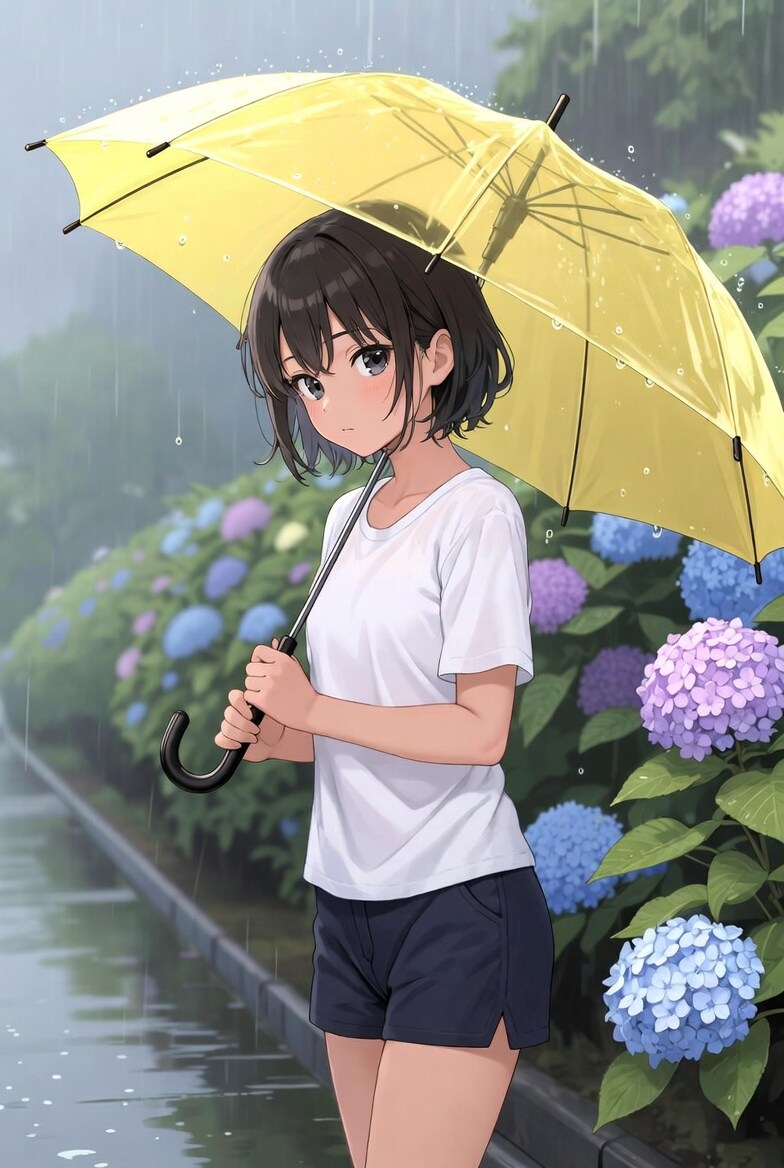 紫陽花が綺麗な通学路にて