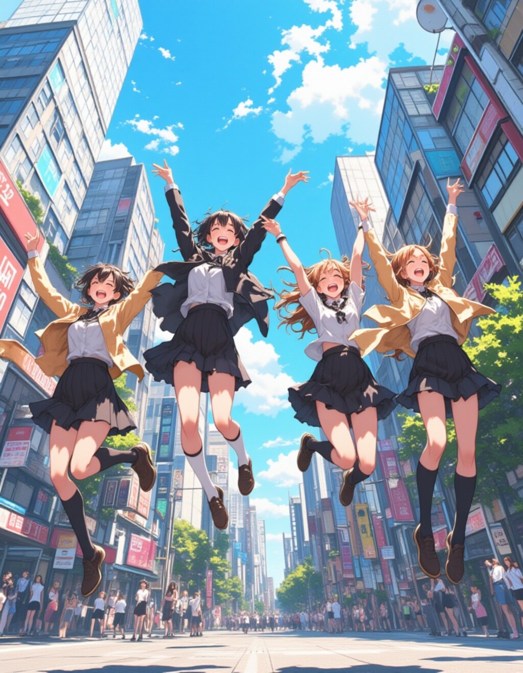 街中でキラキラジャンプ！元気女子高生4人組