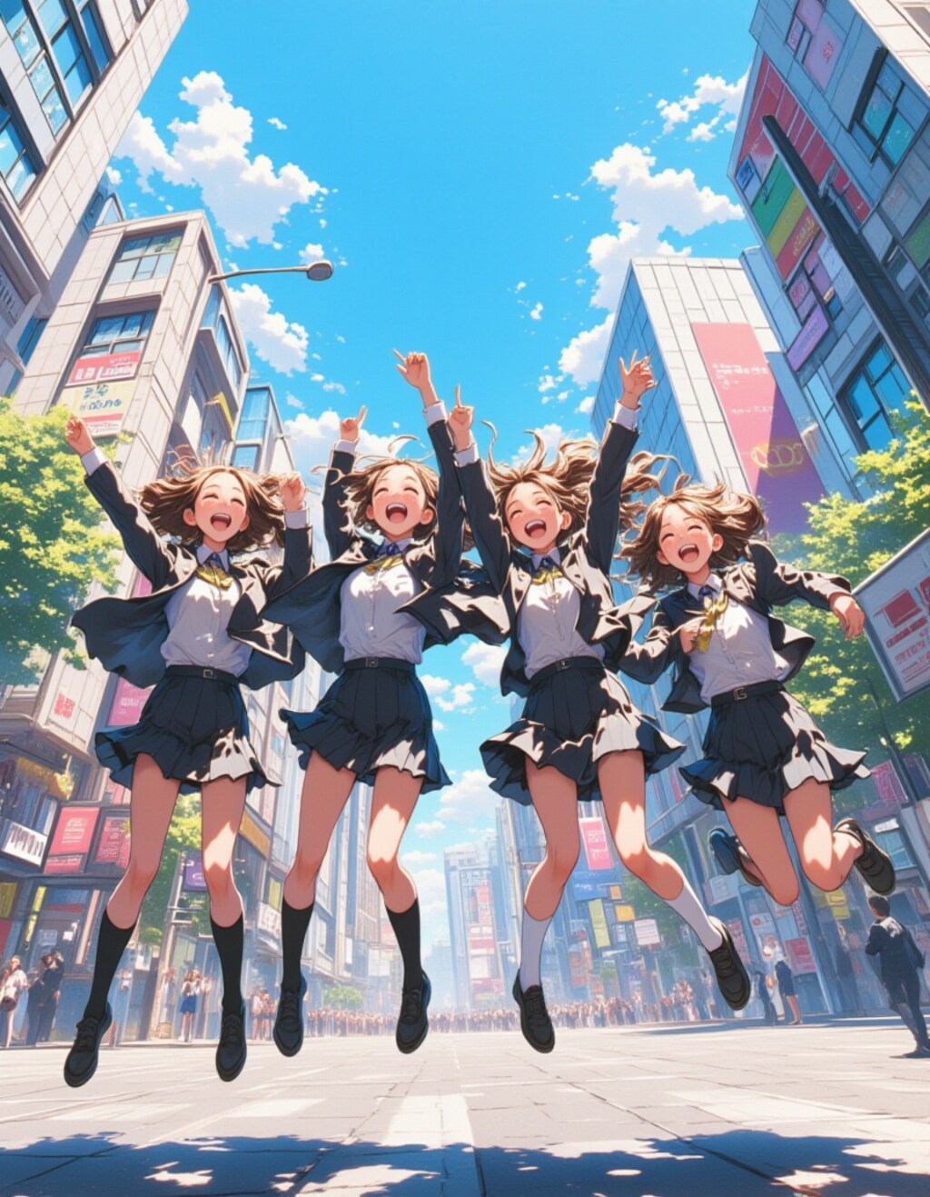 街中でキラキラジャンプ！元気女子高生4人組