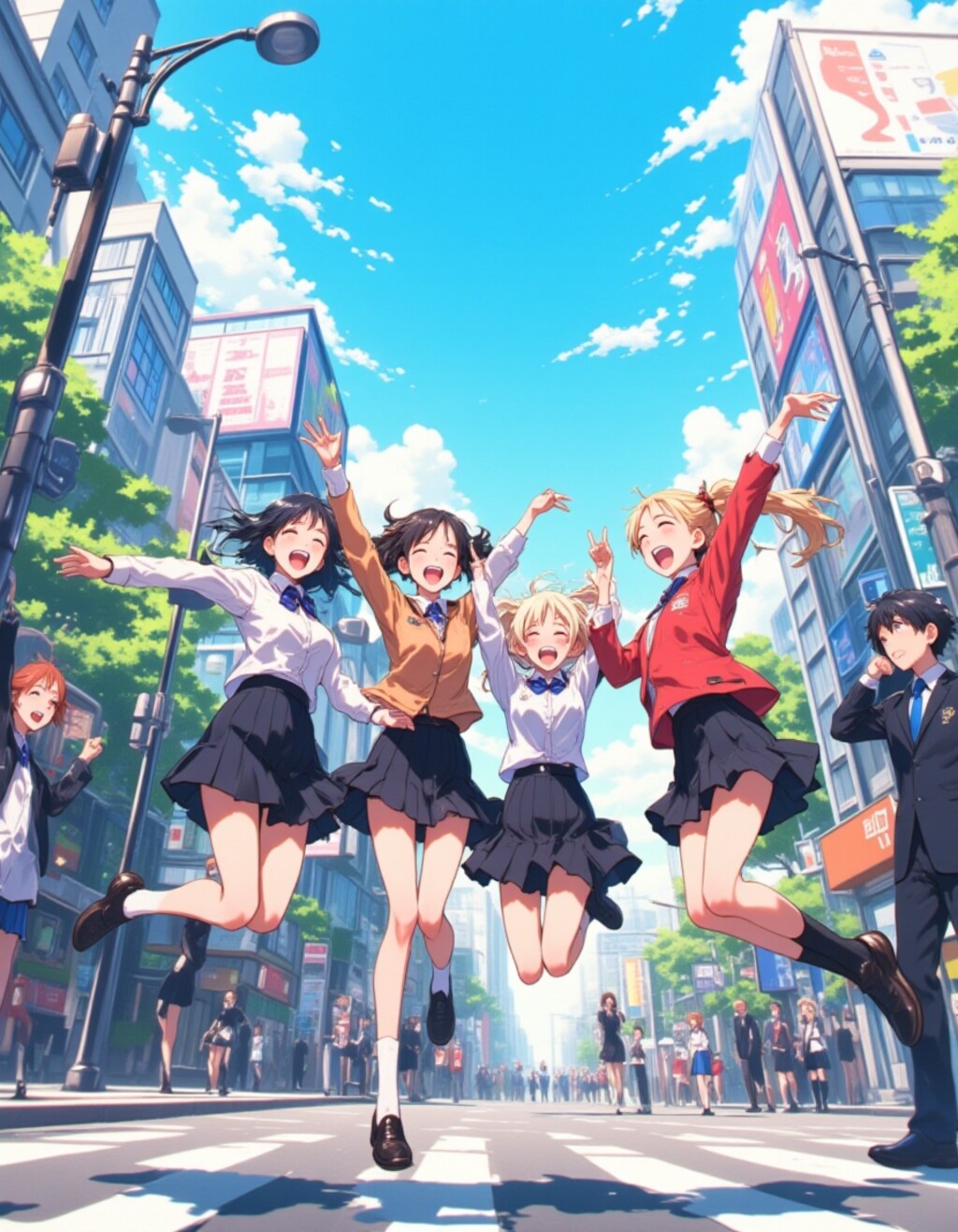 街中でキラキラジャンプ！元気女子高生4人組