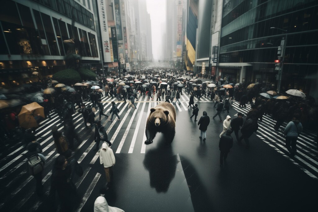 交差点を歩くヒグマ