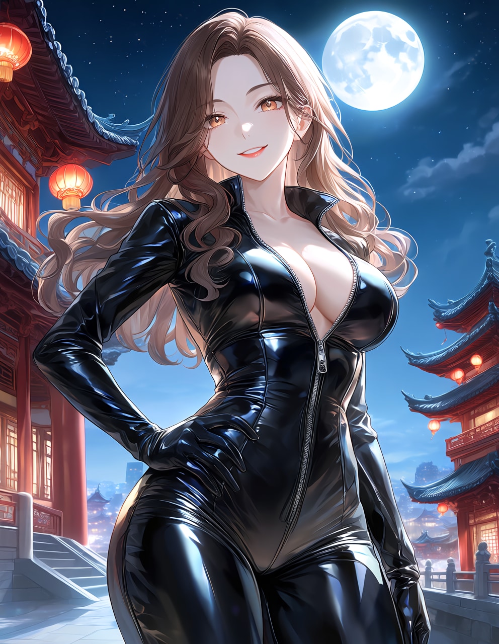 ラバースーツの酸川友里奈さんと中国のまち(PixAI版)