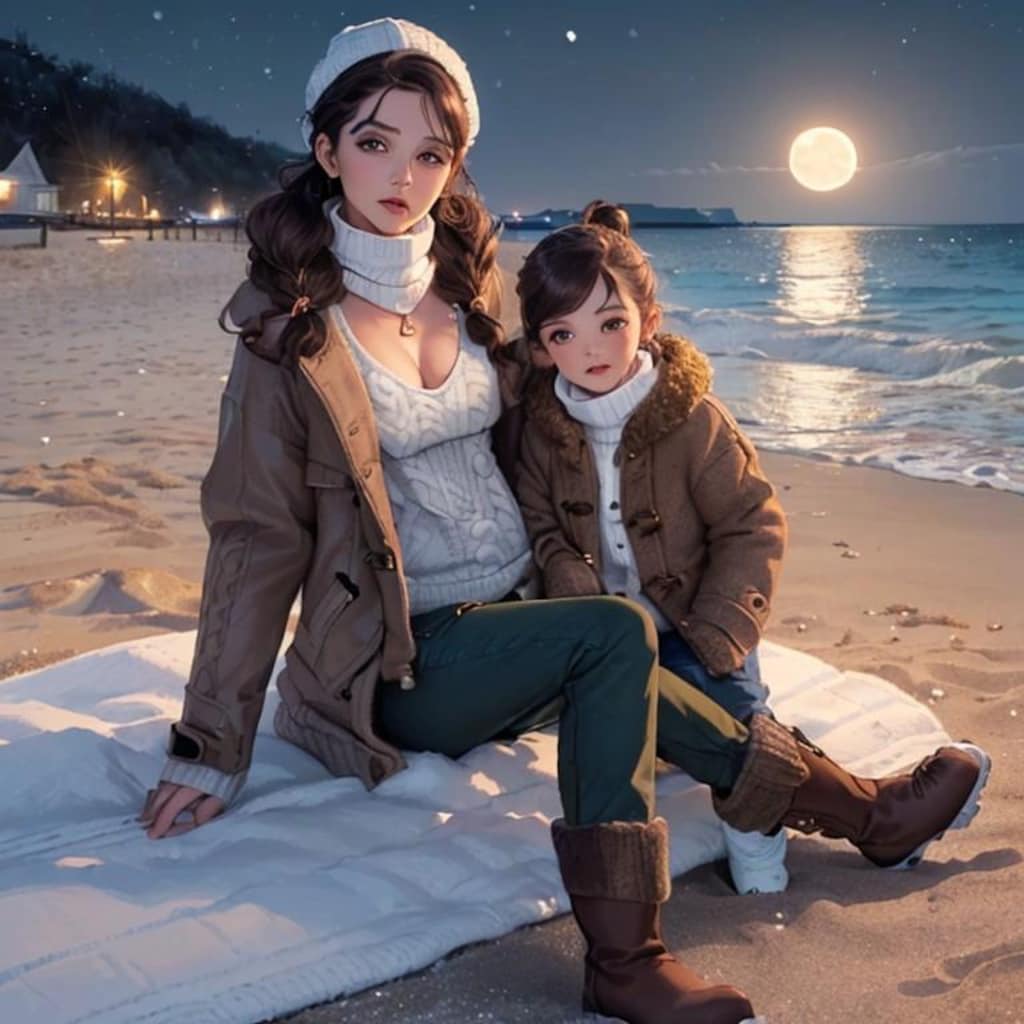 夜の海を散歩する母娘