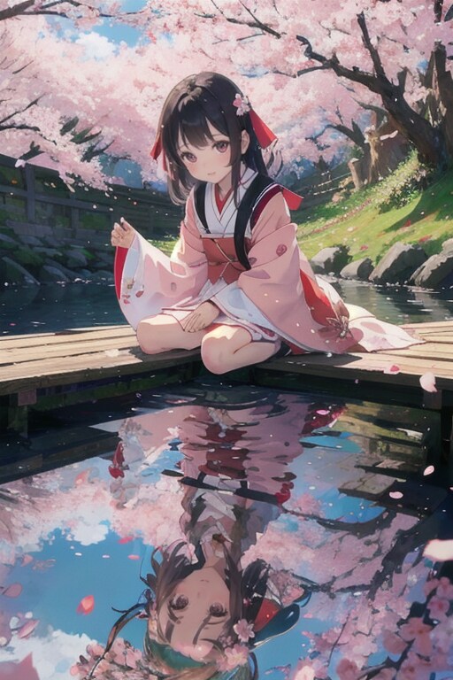 水面に映る桜と少女