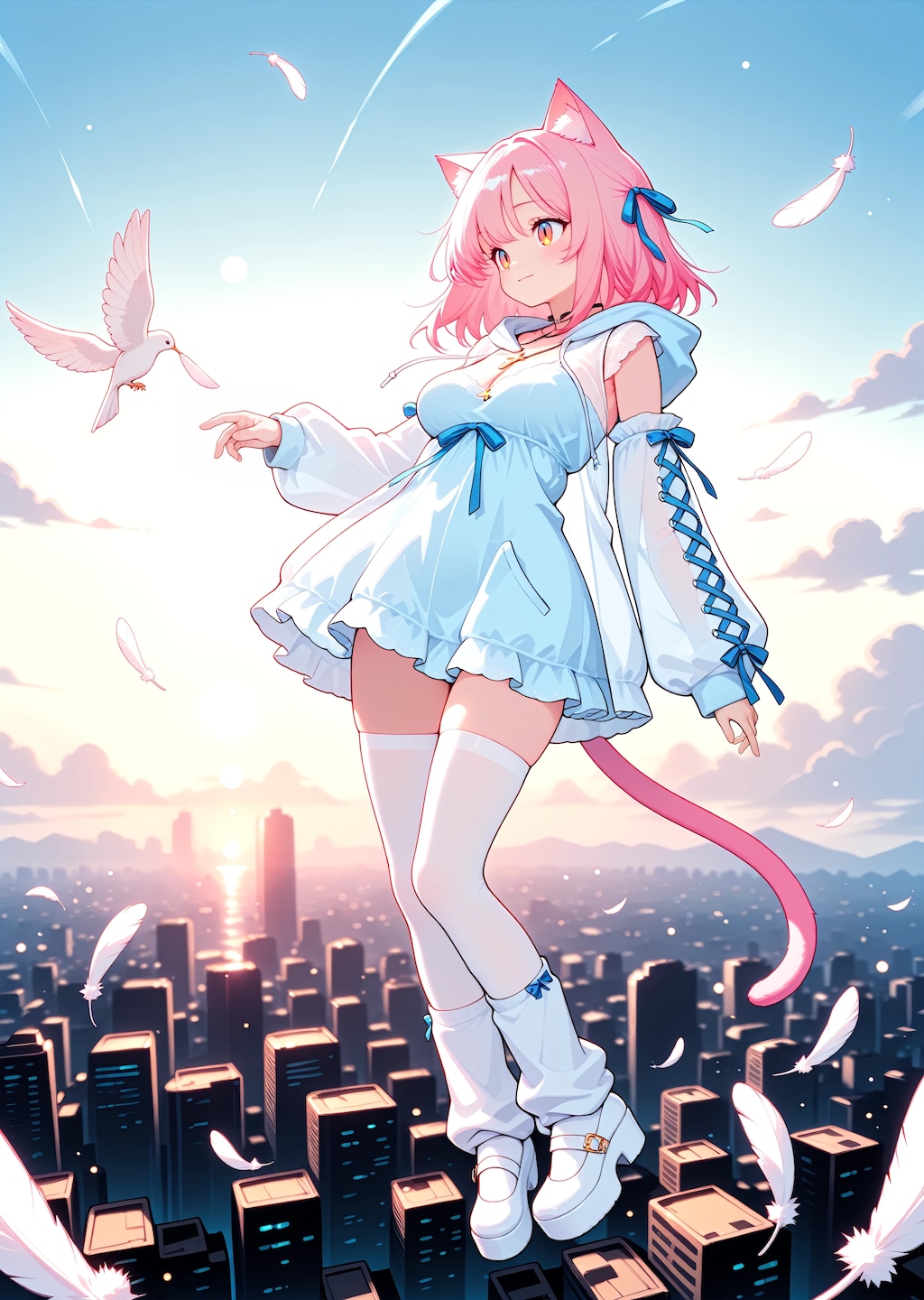 茜色の空を泳ぐ、猫と羽のワルツ