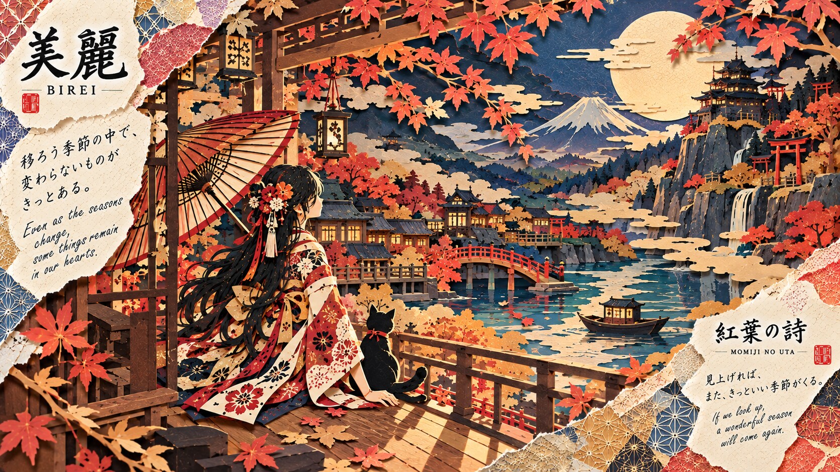 Momiji no Uta, a kimono traveler and her black cat watching the full moon rise over a maple-lit rive | の人気AIイラスト・グラビア