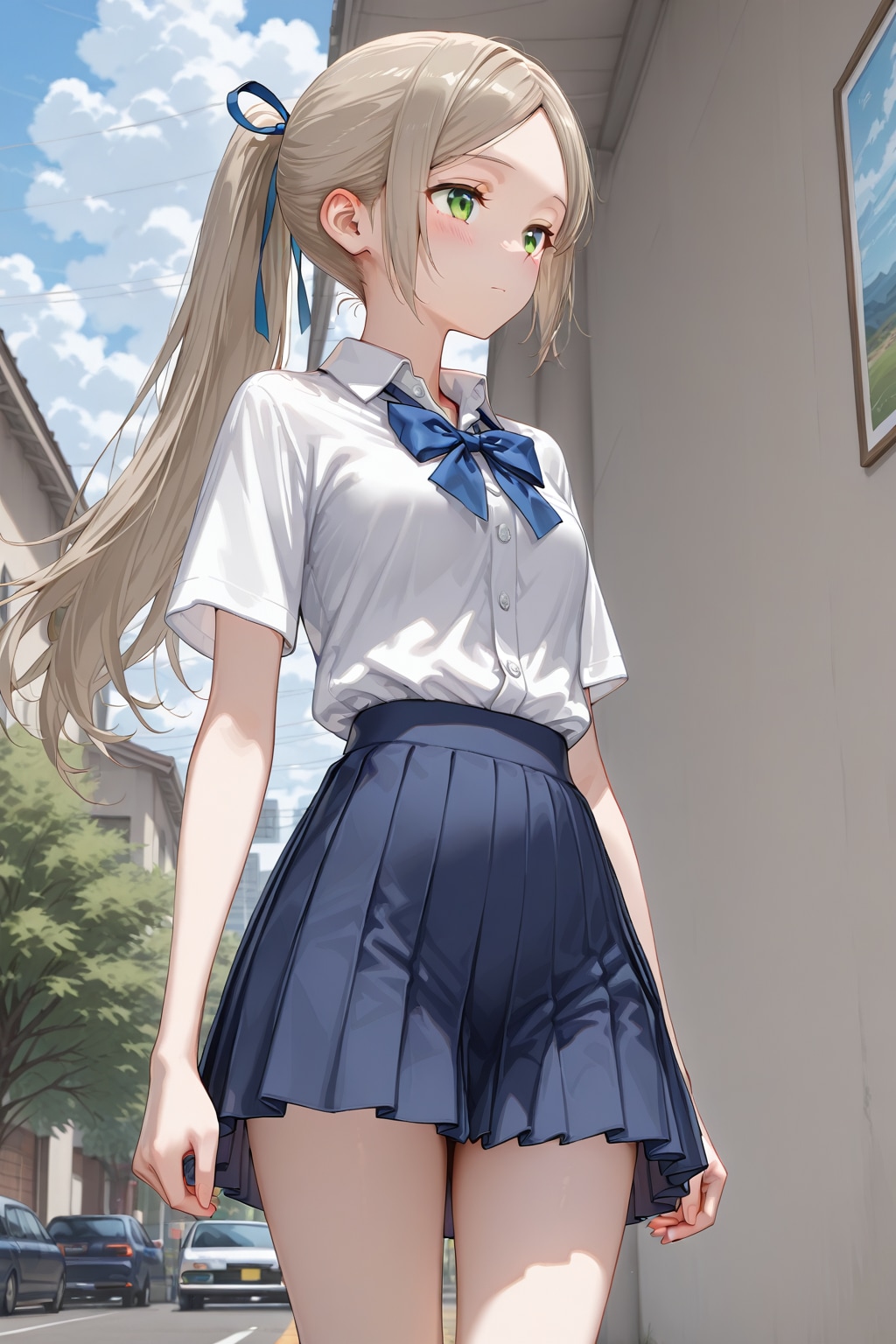 明るい曇空の日に緑の目をした女の子👧６