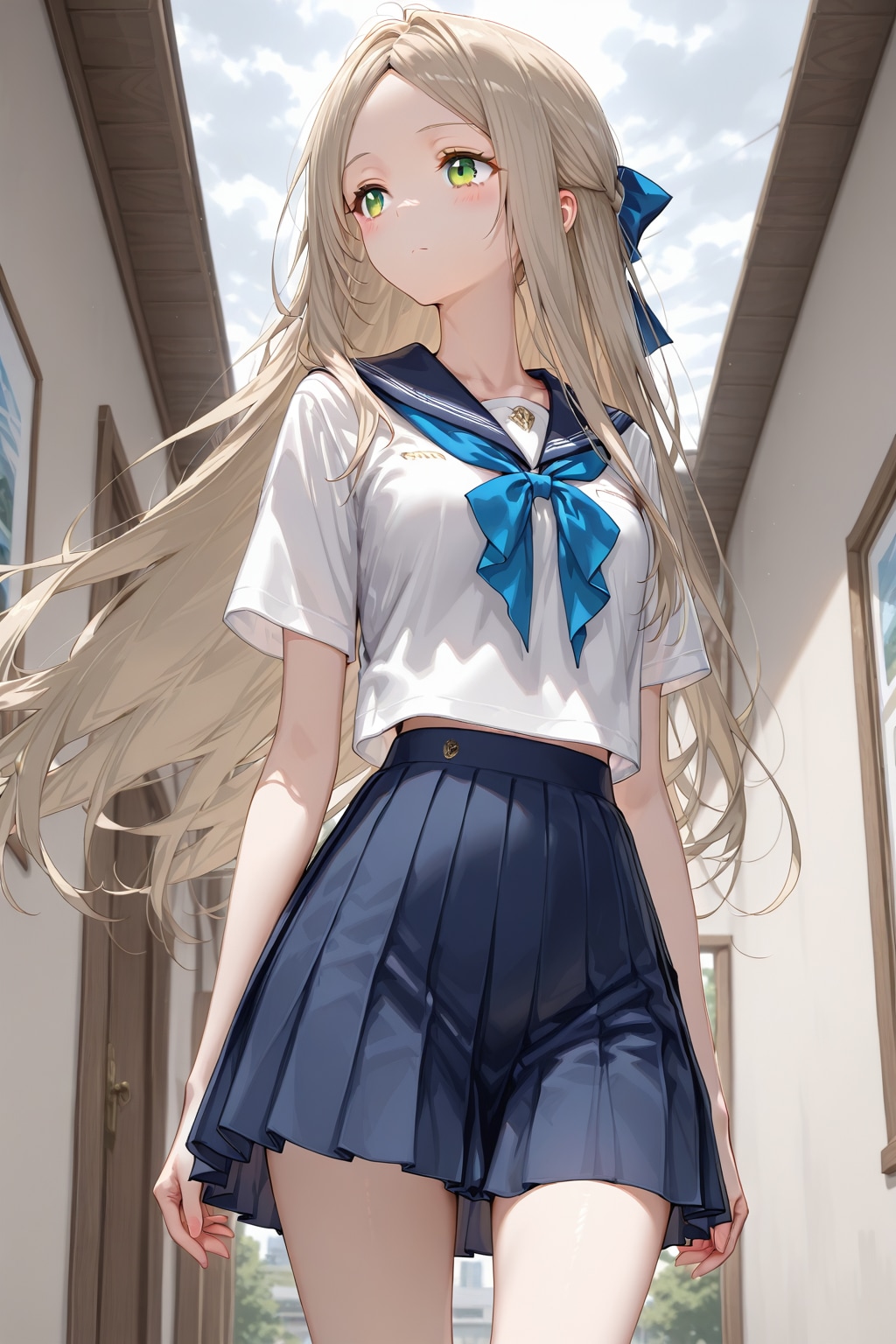 明るい曇空の日に緑の目をした女の子👧６