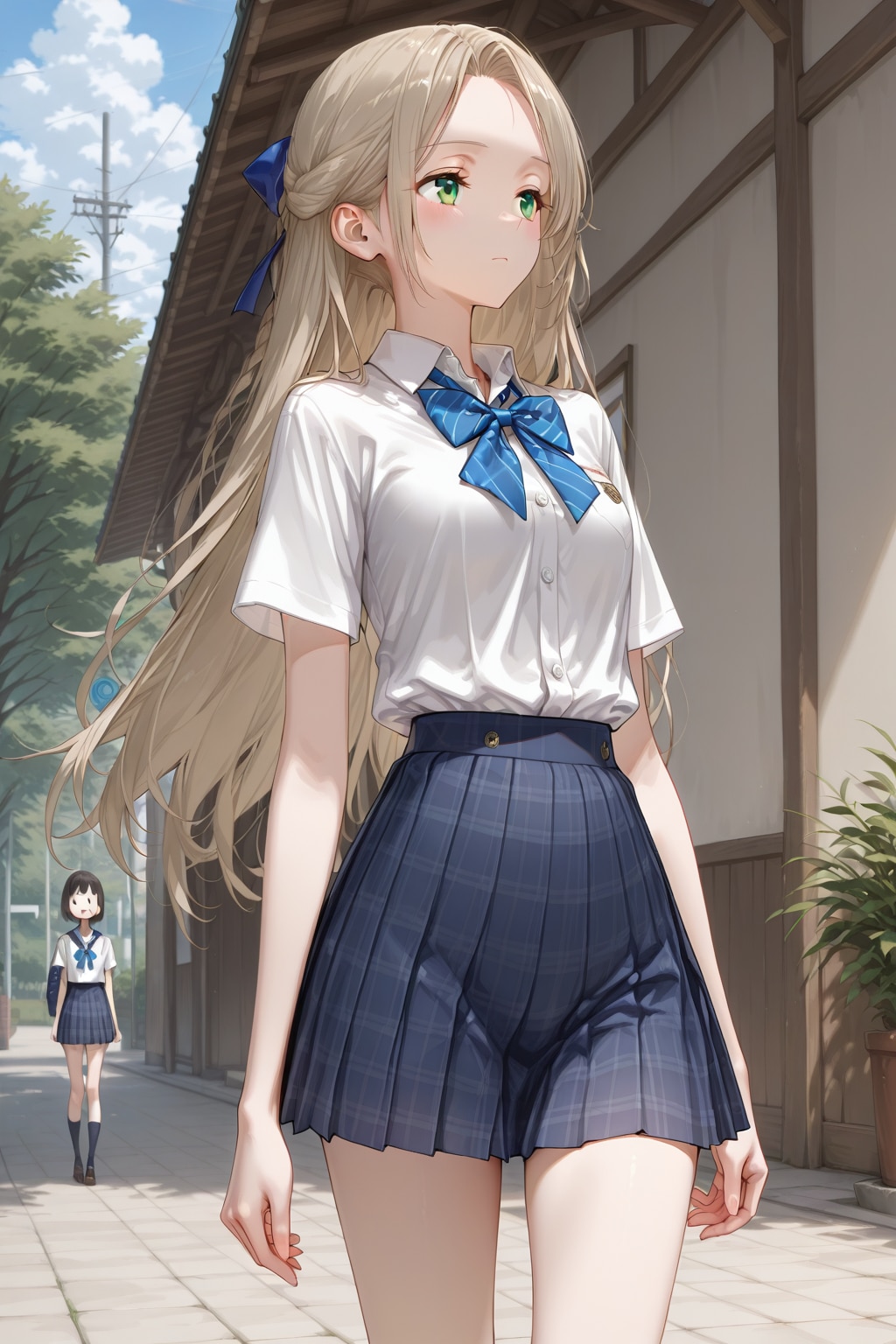 明るい曇空の日に緑の目をした女の子👧６