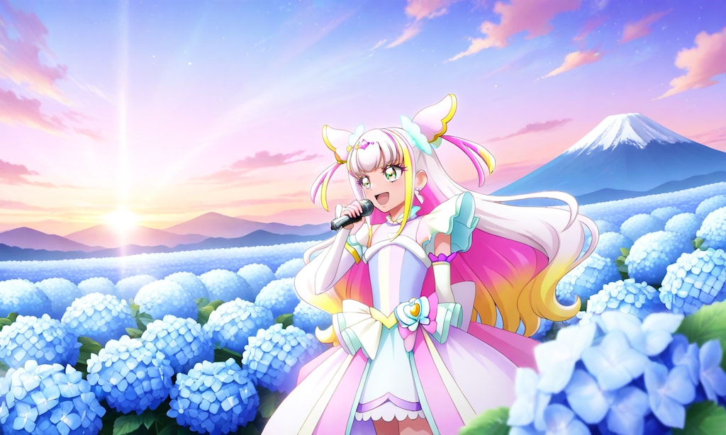 キュアズキューン、紫陽花の花が咲くステージで熱唱する