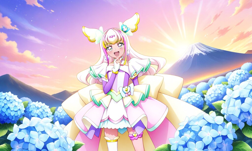 キュアズキューン、紫陽花の花が咲くステージで熱唱する