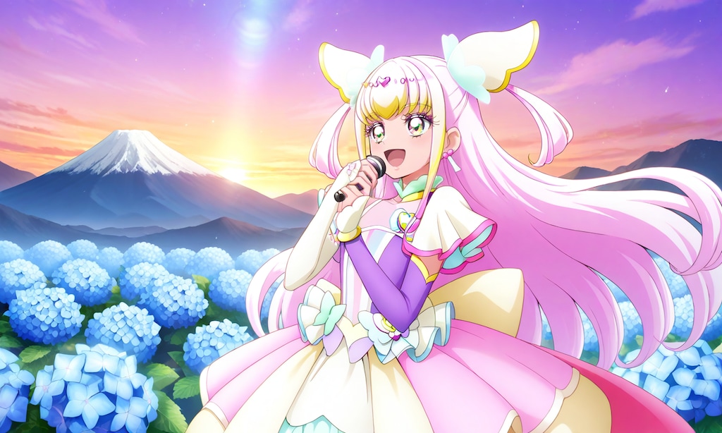 キュアズキューン、紫陽花の花が咲くステージで熱唱する