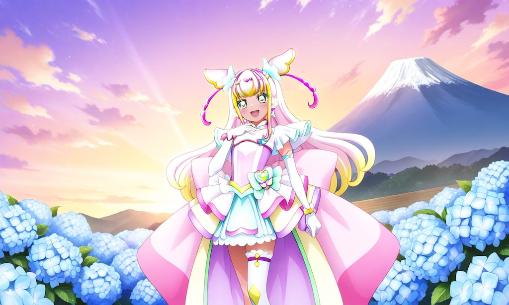 キュアズキューン、紫陽花の花が咲くステージで熱唱する