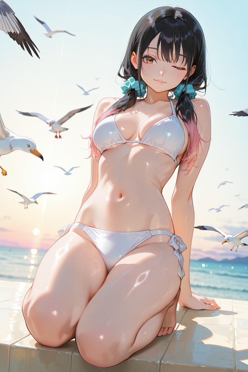 白ビキニを着た葵ちゃんと海辺での思い出❤️