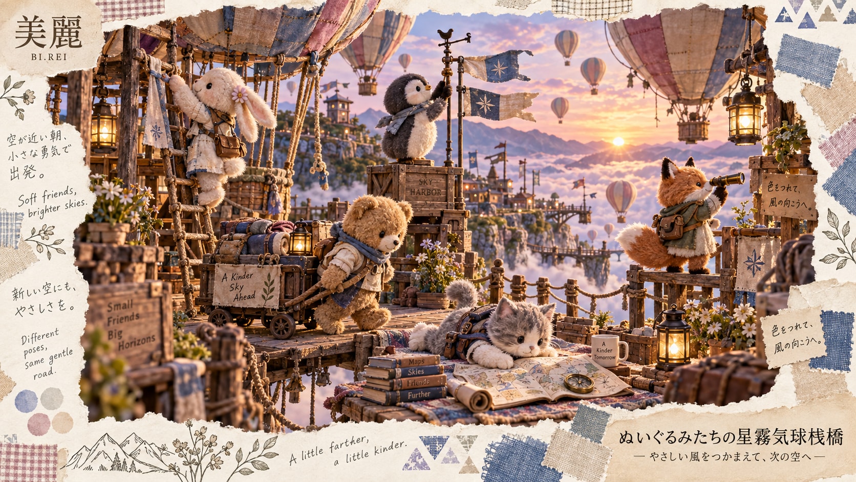 A little plush crew at the balloon harbor, packing maps and courage for the next sky.  Soft friends, | の人気AIイラスト・グラビア