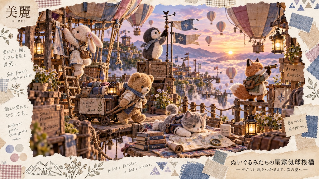 A little plush crew at the balloon harbor, packing maps and courage for the next sky.  Soft friends,