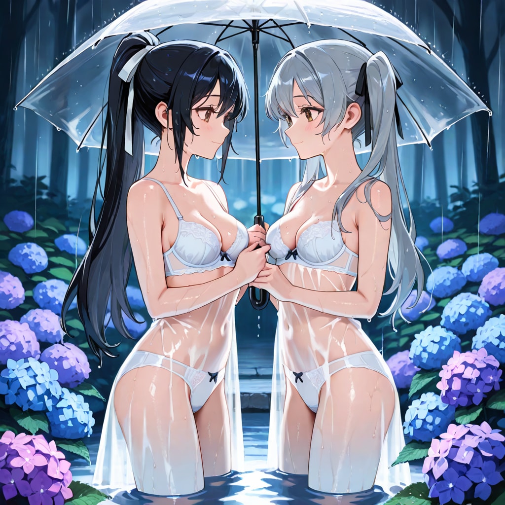 ツインテちゃんとポニテちゃん　傘と雨と透け服（同じプロンプトでのLILYちゃんとの比較）