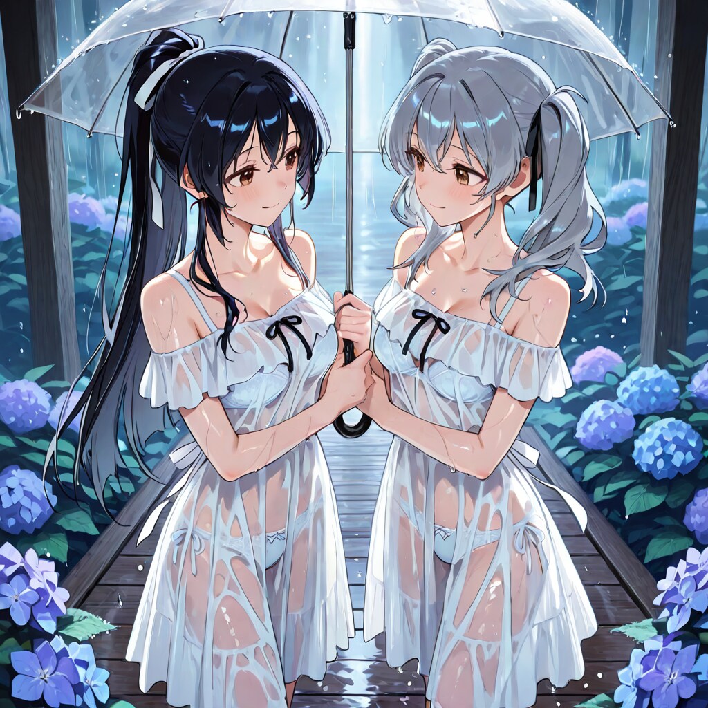 ツインテちゃんとポニテちゃん　傘と雨と透け服（同じプロンプトでのLILYちゃんとの比較）