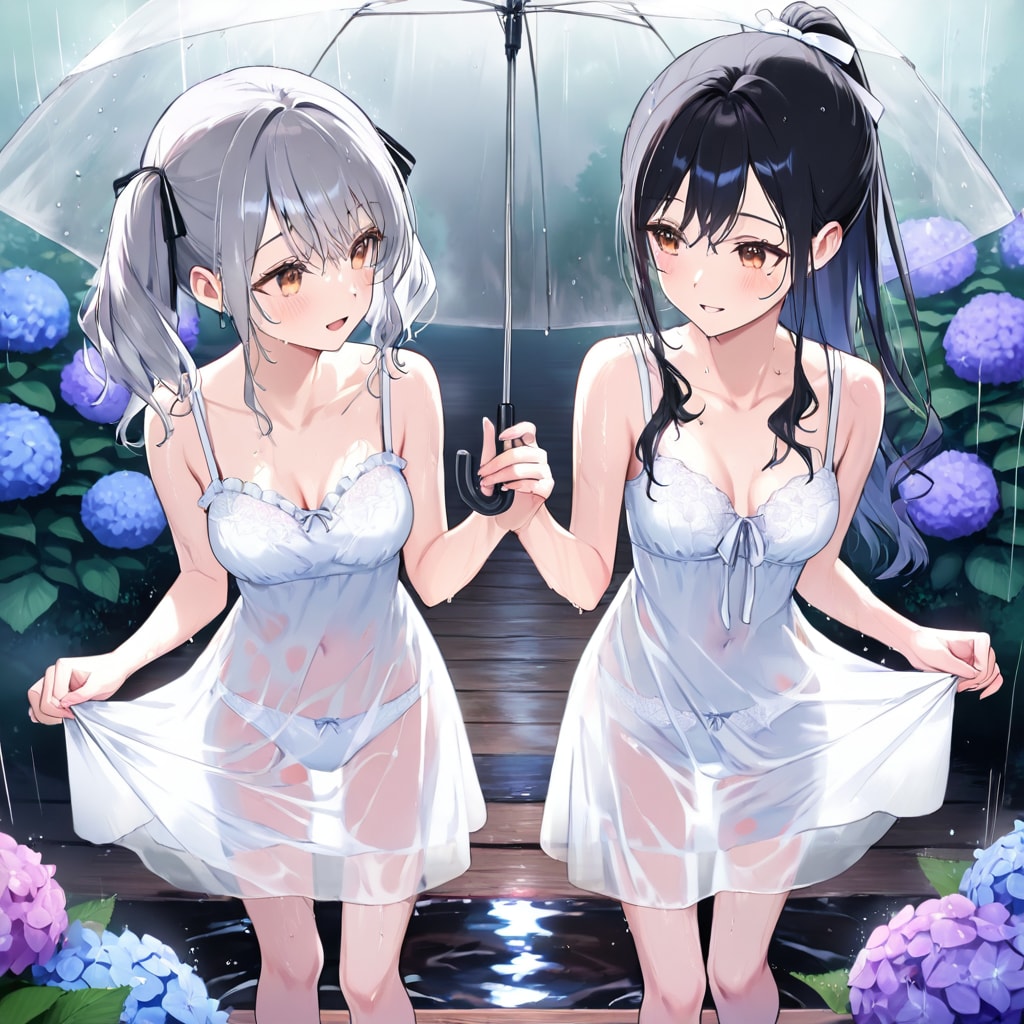 ツインテちゃんとポニテちゃん　傘と雨と透け服（同じプロンプトでのLILYちゃんとの比較）