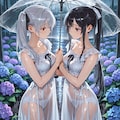 ツインテちゃんとポニテちゃん　傘と雨と透け服（同じプロンプトでのLILYちゃんとの比較） 3枚目