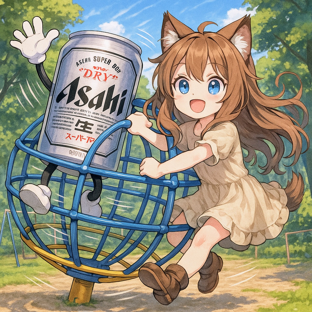 回転ジャングルジムで遊ぶビール缶と小さな女の子