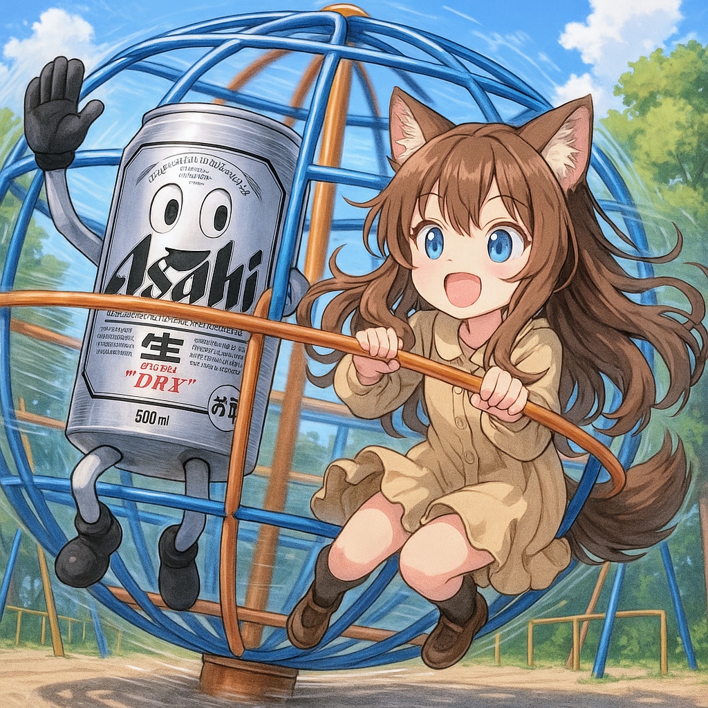 回転ジャングルジムで遊ぶビール缶と小さな女の子 | の人気AIイラスト・グラビア