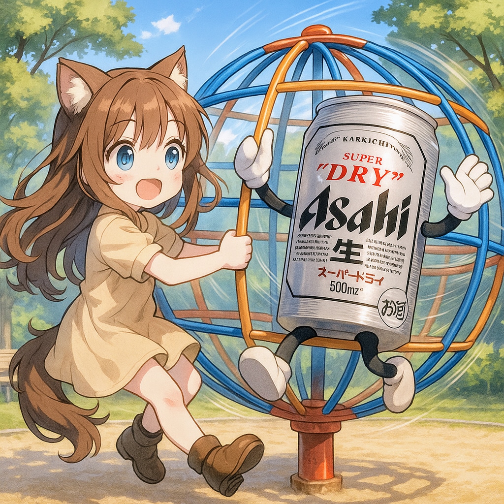 回転ジャングルジムで遊ぶビール缶と小さな女の子