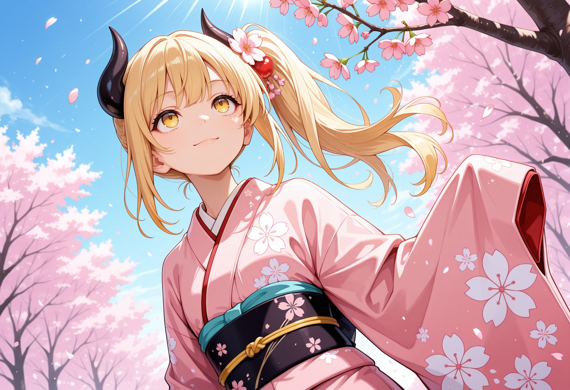 桜着物で花見を楽しむ女鬼高生さん