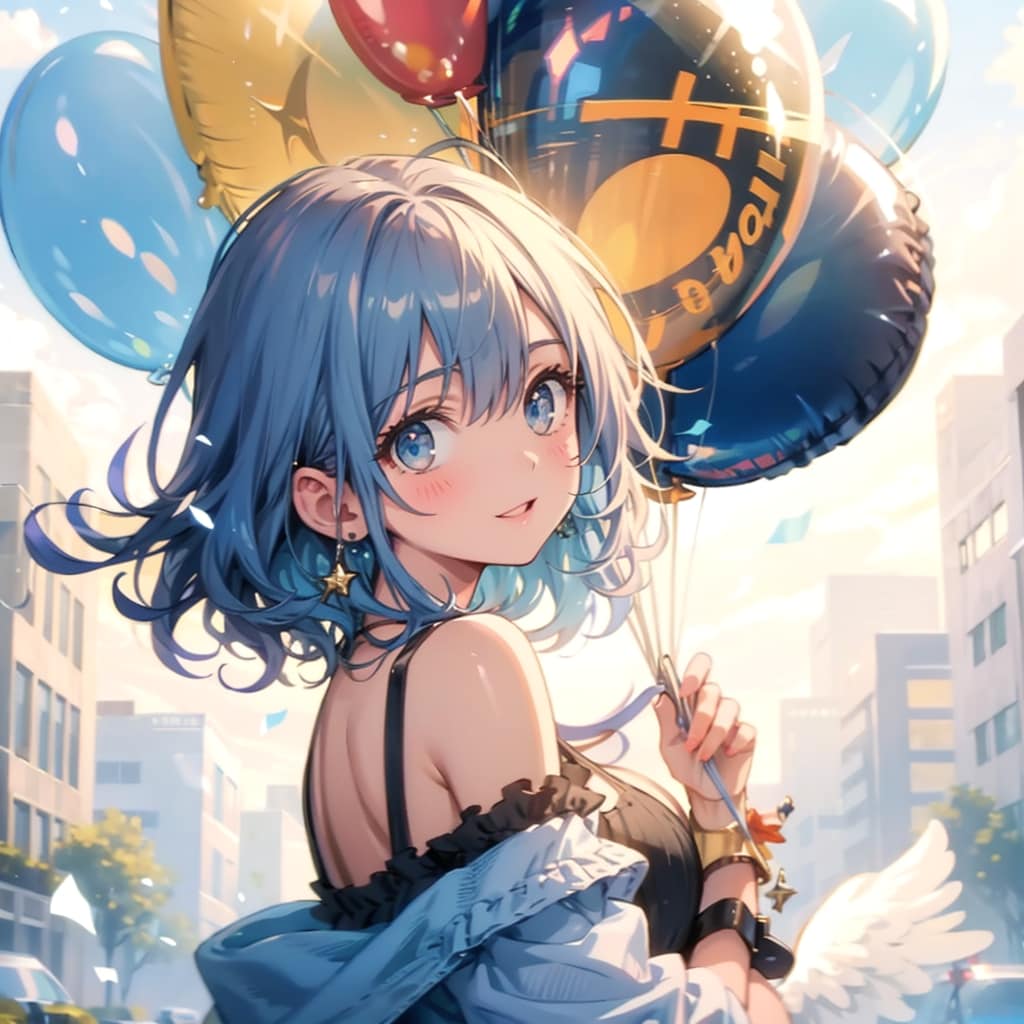 いっぱい風船を持つ水色髪の天使の美女。 | の人気AIイラスト・グラビア