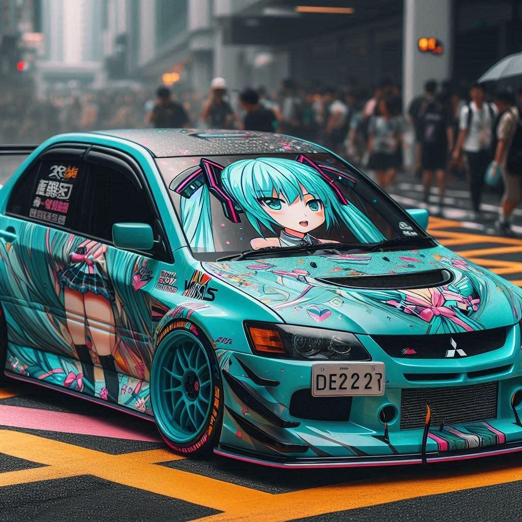 初音ミクカラーの三菱ランサーエボリューションのドリ車 2