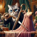 油絵、フランス、パリ、巨大ハサミで布を斬り高級ドレスを仕立てるファッションデザイナー猫 2枚目