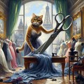油絵、フランス、パリ、巨大ハサミで布を斬り高級ドレスを仕立てるファッションデザイナー猫 4枚目