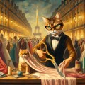 油絵、フランス、パリ、巨大ハサミで布を斬り高級ドレスを仕立てるファッションデザイナー猫 3枚目