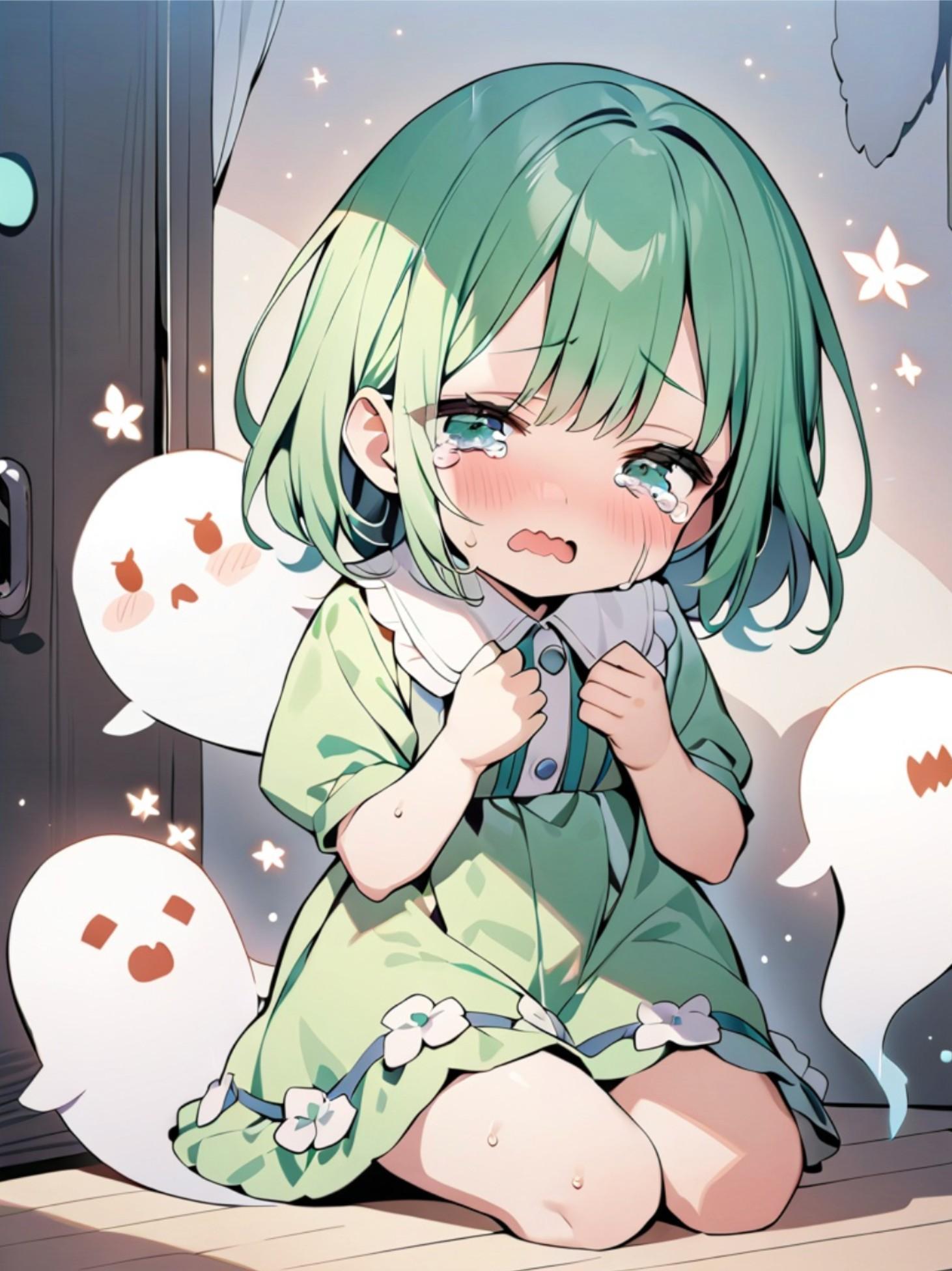 怖くて泣いている緑髪ちゃん