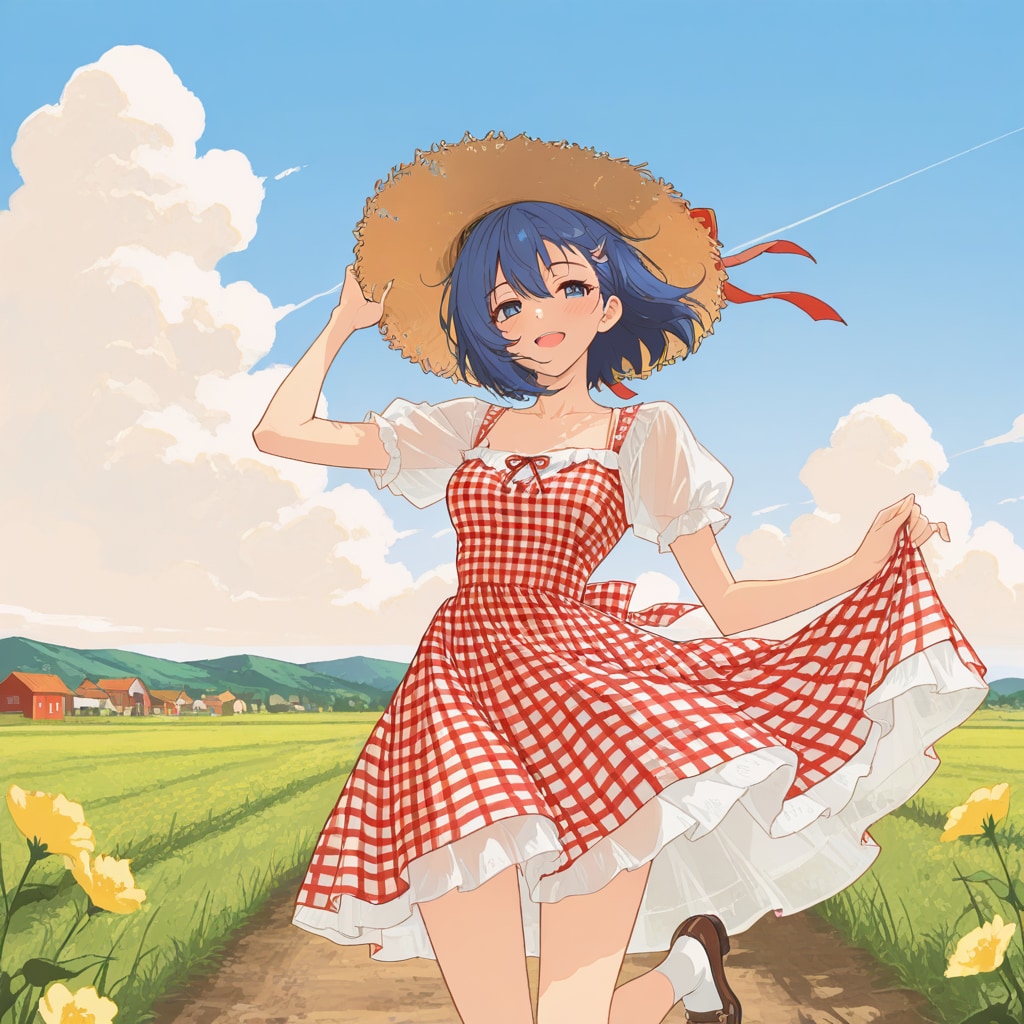 草原を駆けるチェックワンピース