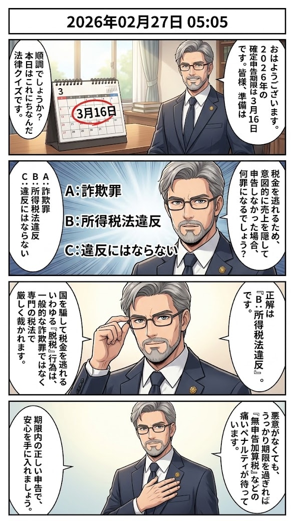 確定申告の季節到来！「脱税」にまつわる法律クイズ　毎日漫画5時