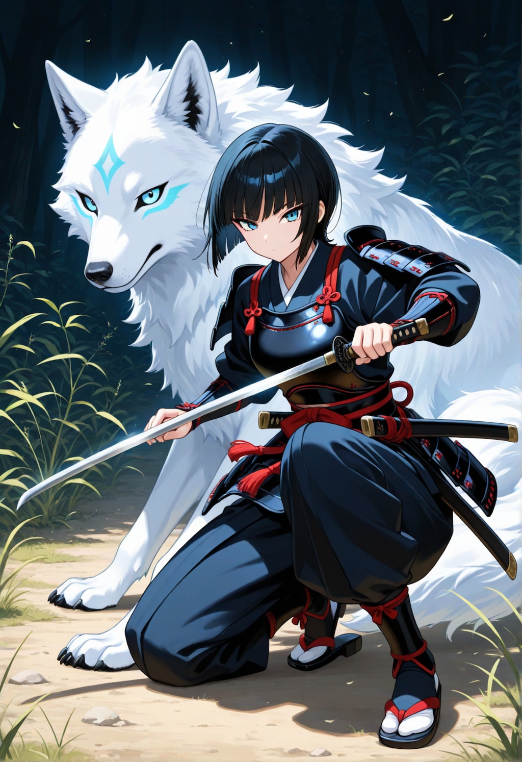 男装の剣士と白狼のゲーム雑誌風