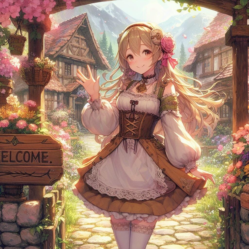 街の入り口で冒険者を歓迎する村娘