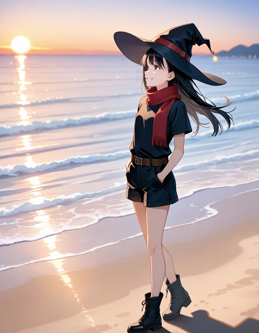 海の夕暮れと夏服魔女さん