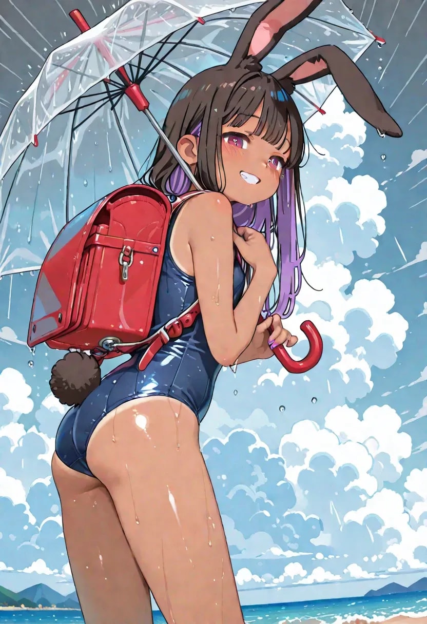 ビニ傘スク水貧乳うさ耳ギャル