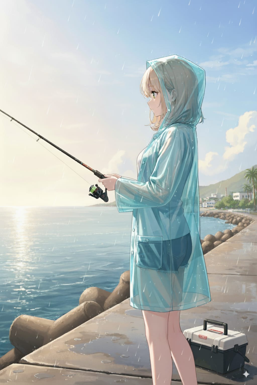 小雨の中でする釣り