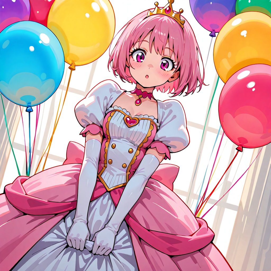 いっぱい色とりどりの風船を持つピンク髪ショートカットのお姫様